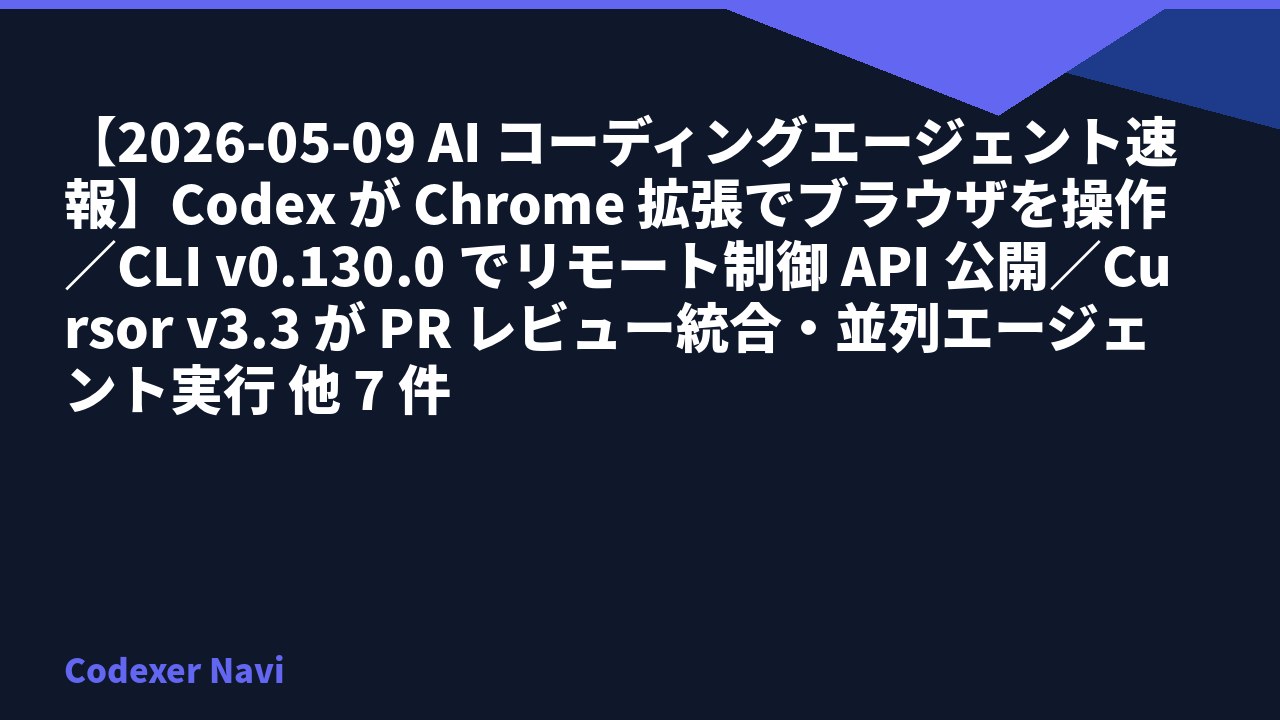 【2026-05-09 AI コーディングエージェント速報】Codex が Chrome 拡張でブラウザを操作／CLI v0.130.0 でリモート制御 API 公開／Cursor v3.3 が PR レビュー統合・並列エージェント実行 他 7 件